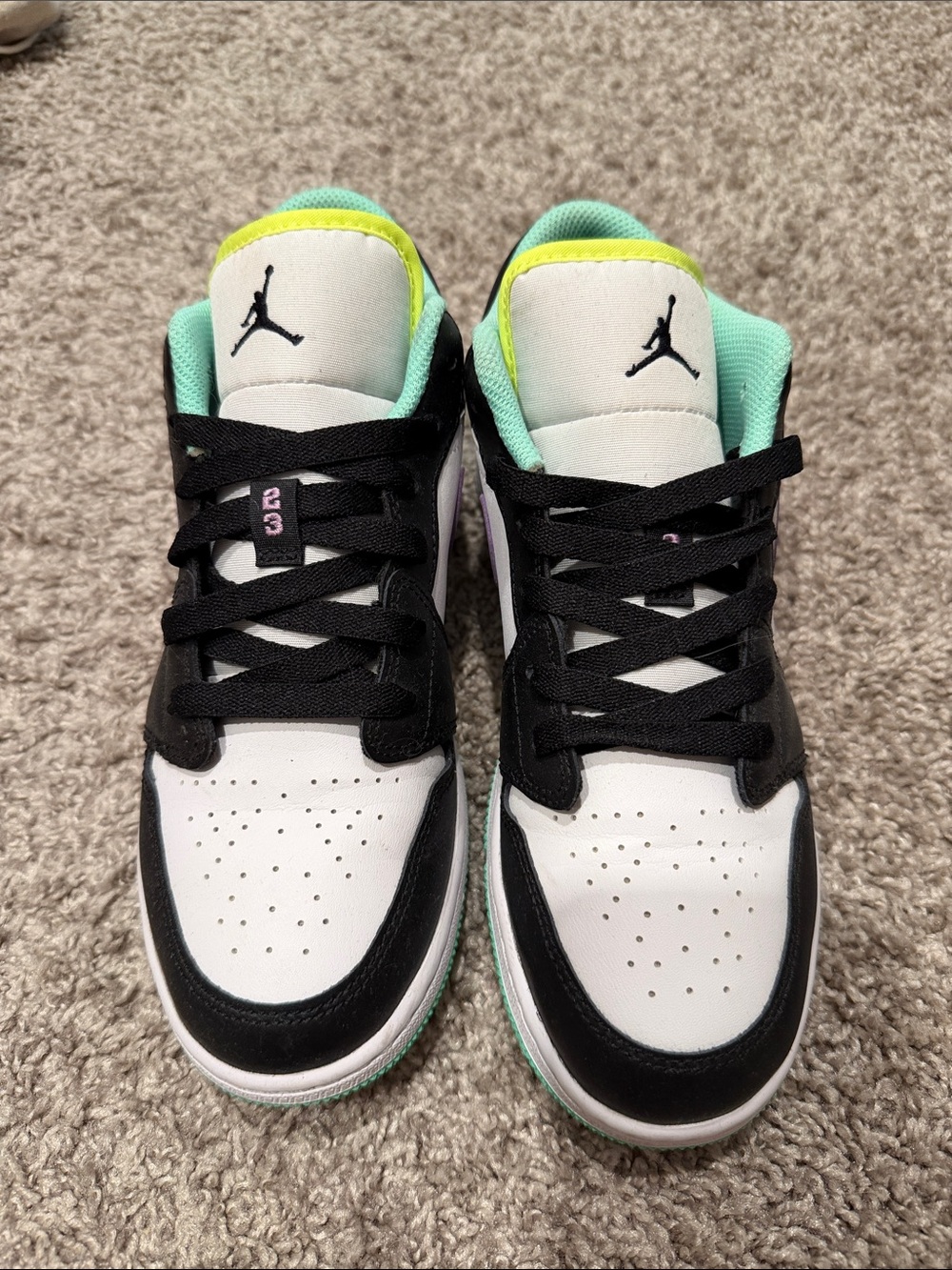 Jordan Kids' Low-Top Sneakers in White, Black & Mint with Neon Yellow Trim